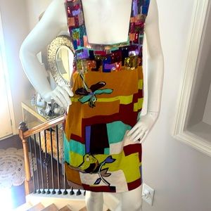 1990s Emilio Pucci Size 6 Novelty Bird Butterfly Print Silk Vintage Dress